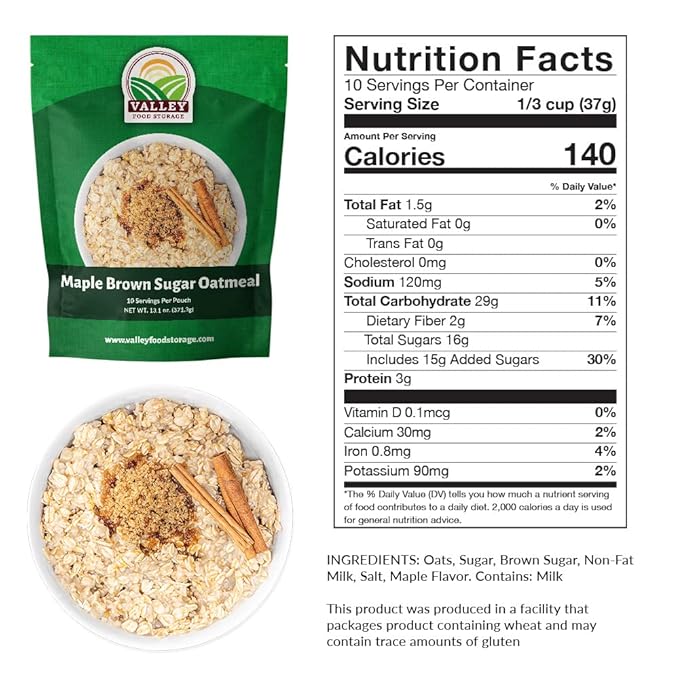 Valley Food Storage Maple Brown Sugar Oatmeal | 10-Bag Bucket 100 Servings | Premium Emergency Food Supply 25 Year Shelf Life | Survival Breakfast Food for Prepper Storage &amp Camping