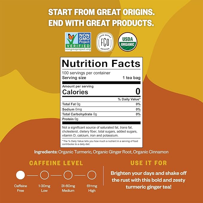 FGO Organic Turmeric Ginger Tea Eco-Conscious Tea Bags 100 Count Packaging May Vary (Pack of 1)
