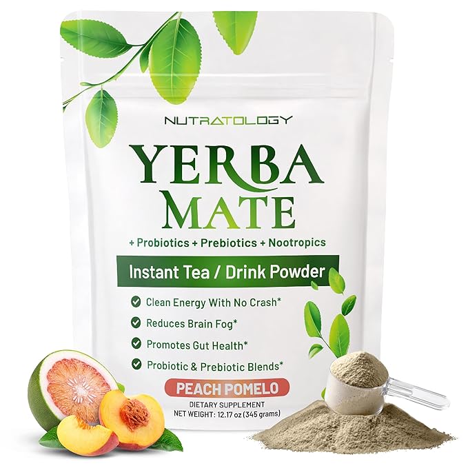 Yerba Mate Instant Tea Powder - 3-In-1 Super Drink - Clean Energy - Formulated With Nootropics To Boost Focus &amp Clarity - With Prebiotics &amp Probiotics To Boost Gut Health | Peach Pomelo - 30 S