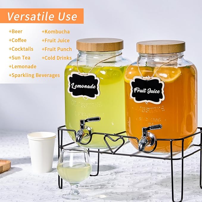 2 Pack1Gallon Glass Drink Dispenser with Stand&ampBamboo Lids&ampFruit Infuser304 Stainless Steel Leak-Proof SpigotBeverage Dispenser for PartiesWater Sangria Juice Sun Tea Lemonade(Natural)