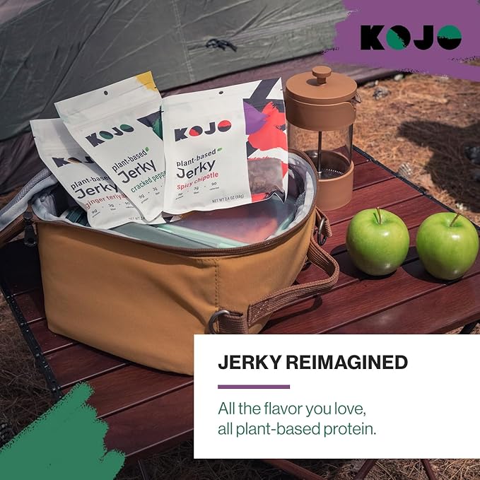 Kojo - Plant-Based Vegan Jerky Variety Pack - Cracked Pepper Ginger Teriyaki Spicy Chipotle 9g Protein 3g Fiber 90 Calories - 6 Bags (2pcs Each)