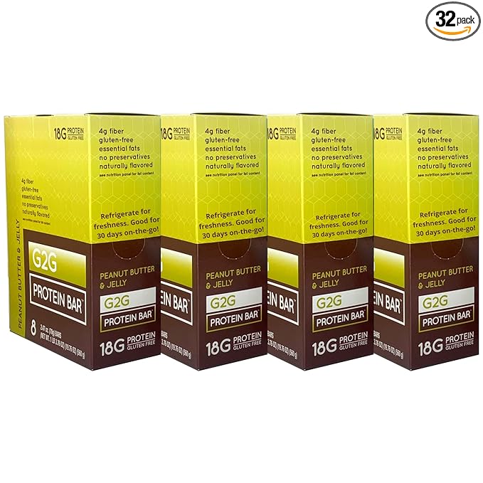 G2G Protein Bar Peanut Butter &amp Jelly Healthy Snack Delicious Meal Replacement Gluten-Free Clean Ingredients Refrigerated for Freshness 32 Count (4 Packs of 8)