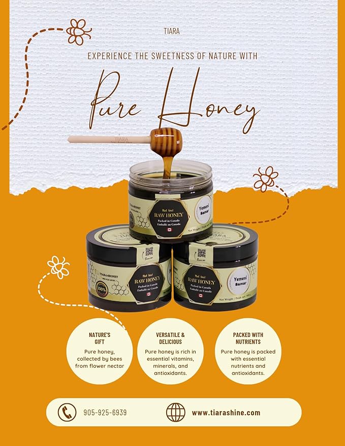TIARA Yemeni Samar Honey – 100% Raw Pure &amp Natural CFIA Certified Unpasteurized Packed in Canada Premium Quality – 33.5 Fl Oz 950g + Free Honey Dipper Gift