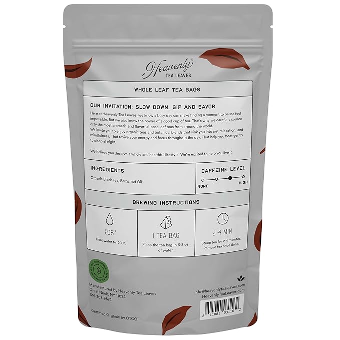 Heavenly Tea Leaves Organic Earl Grey (50 Pyramid Tea Bags) Bulk Compostable Black Tea Sachet - 100% Plastic Free Premium Quality Whole Tea Leaves in a Convenient Tea Bag