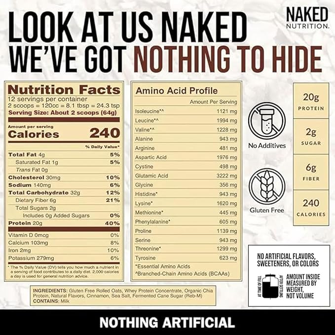 Naked Oats - Cinnamon Overnight Oats 20g Whey Protein Gluten-Free Oatmeal Instant Breakfast or Shake High Protein Oatmeal High Fiber Breakfast Shake Non GMO No Soy - 12 Servings