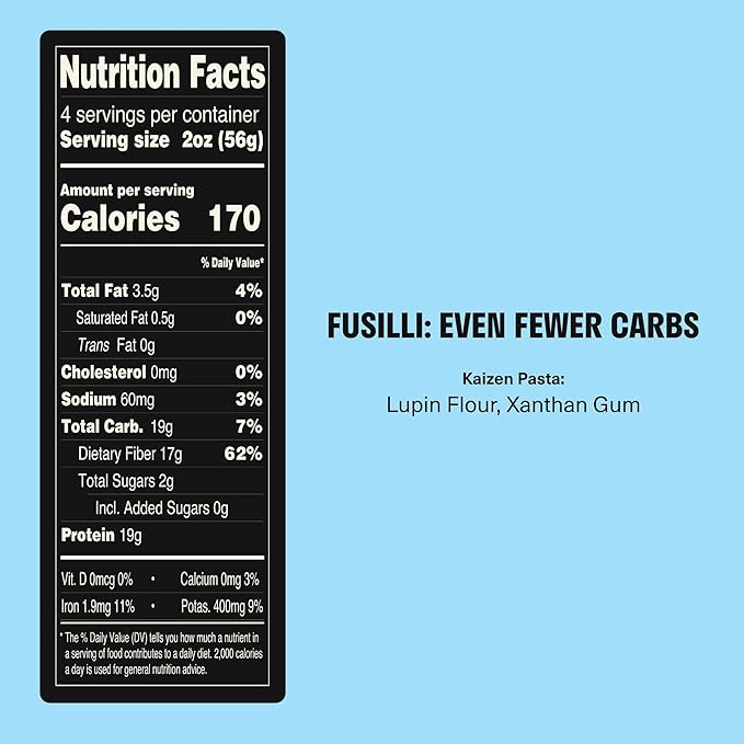 KAIZEN KETO Pasta Fusilli - 2 Net Carbs 19g protein - Gluten-Free Keto Pasta Made w/High Fiber Lupini Flour - 8 ounces (Pack of 3)