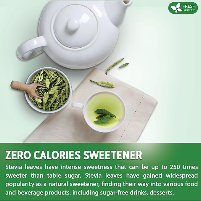 FreshDrinkUS Premium 500+ Natural Stevia Leaves Whole Dried Leaves 100% Pure Stevia Dried Leaves Zero Calorie Sweetener No Additives No Caffeine Vegan