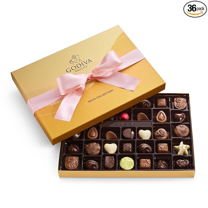 Godiva Chocolatier Pink Ribbon 36-Piece Assorted Chocolate Gift Box – Gourmet Chocolate Candy Variety Pack – Dark Caramel Milk Chocolate Nuts– Gift Basket for Birthday Anniversary Congratulations