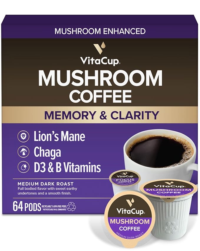 VitaCup Mushroom Coffee Pods Boost Focus &amp Immunity w/Lions Mane Chaga B Vitamins D3 for Memory &amp Clarity Medium Roast Single Serve Pod Compatible w/Keurig K-Cup Brewers64 Ct