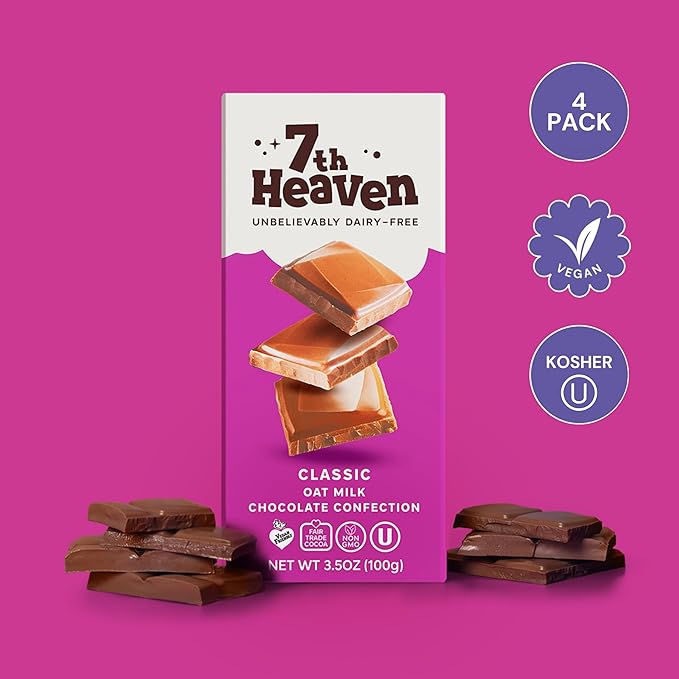 7th Heaven Vegan Oat Milk Chocolate Bars (3.5oz Full Size Candy Bars - 4 Packs) - Non GMO Kosher Parve Cruelty Free Fair Trade Cocoa 100% Dairy Free Chocolate Bars Perfect for Holiday Stocking S