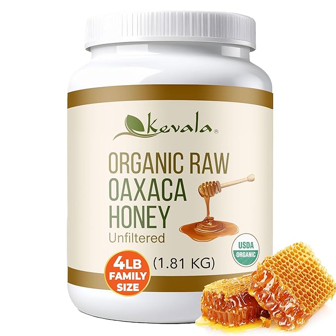 Kevala Organic Raw Oaxaca Honey - Nutritious Honey with no Pesticides and no Sugar Added or Given to the Bees Natural Sweetener for Cooking and Baking at Home Great for Pancakes and Waffles 4 lb