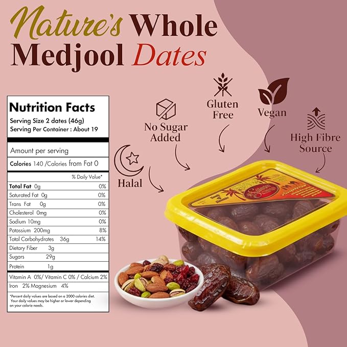 Sahara Gold Non Pitted Medjool Dates - Whole Sticky Gluten-Free Natural Sweet Fresh Dates Medjool - Soft High Fiber Fruit Perfect For Ramadan Snacking Baking &amp Smoothies 32 oz (2 lb)
