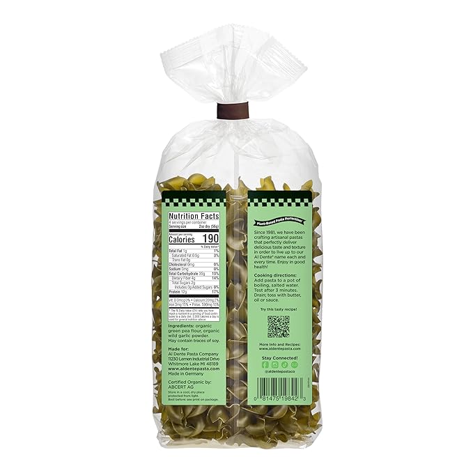 Al Dente Plant-Based Pasta Green Pea + Wild Garlic – Gluten-Free Vegan Non-GMO Organic High Protein Pasta. Delicious And Versatile. Great for Pastas Soups Salads and More 8oz Bags (Pack of 6)