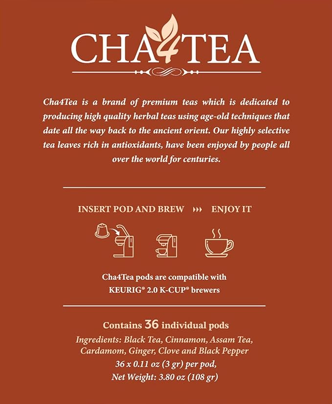 Cha4TEA 36-Count Chai Black Tea Pods Compatible with Keurig K-Cup Brewers