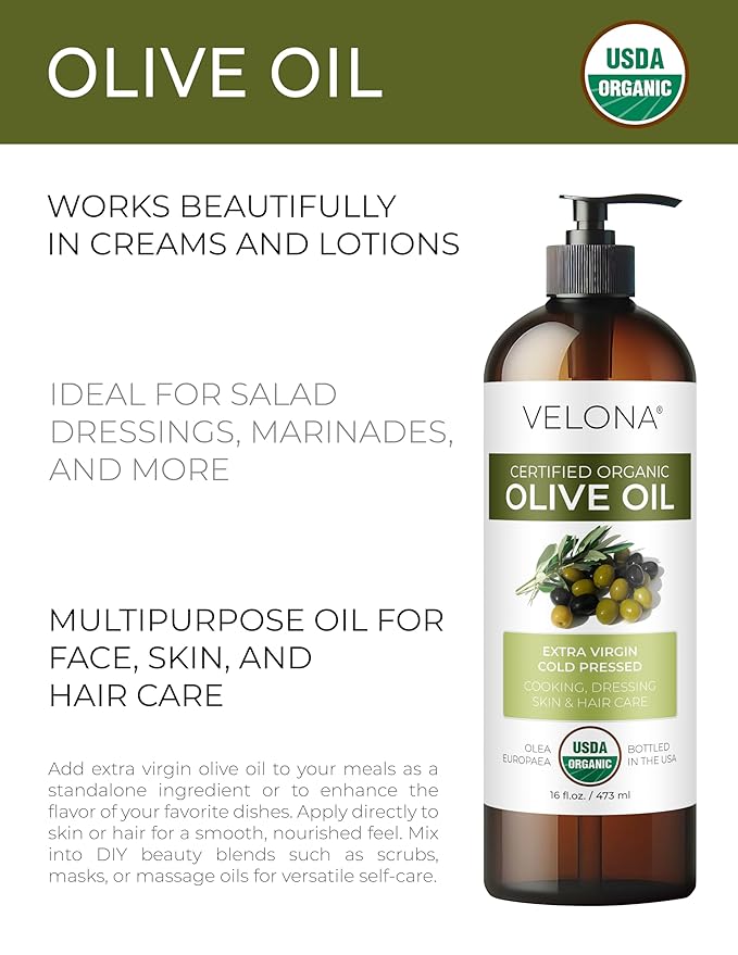 velona USDA Certified Organic Olive Oil - 16 Fl Oz | 100% Pure and Natural Carrier Oil | Extra Virgin Unrefined Cold Pressed | Cooking Dressing Face Hair Body &amp Skin Care | Use Today - Enjoy