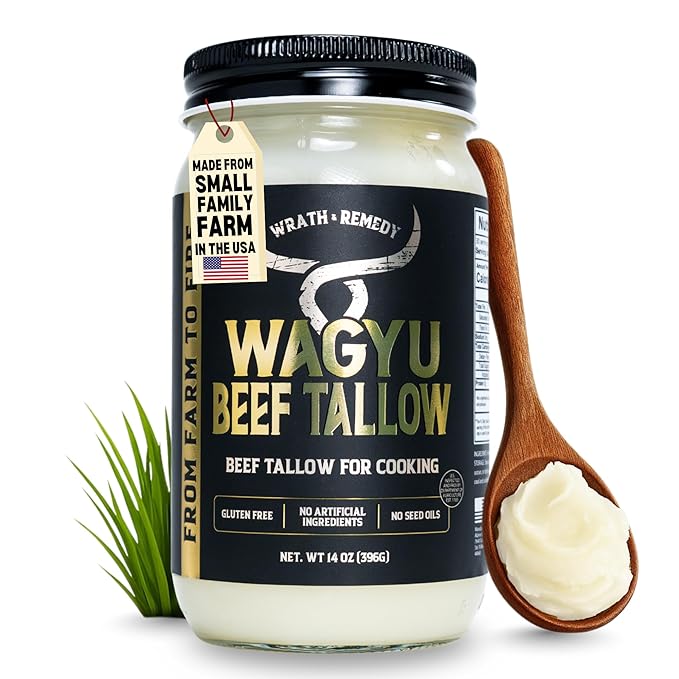 Wagyu Beef Tallow for Cooking (14 oz) — US-Made 100% Pure Wagyu Tallow Rich Umami Flavor — Premium Beef Tallow for Frying Searing Baking(S.P ~400°F) — Keto Paleo Carnivore Friendly– No Additives