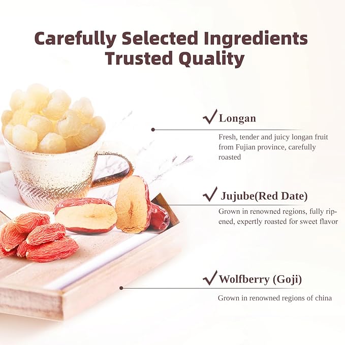 I WUGU Chinese Jujube Longan Wolfberry Tea Caffeine-Free Tea Bags Red Dates Tea Warming Comfort Energy &amp Relaxation Natural Additive-Free Wellness Tea 30 Single-Serve Sachets of 12g/0.4oz e