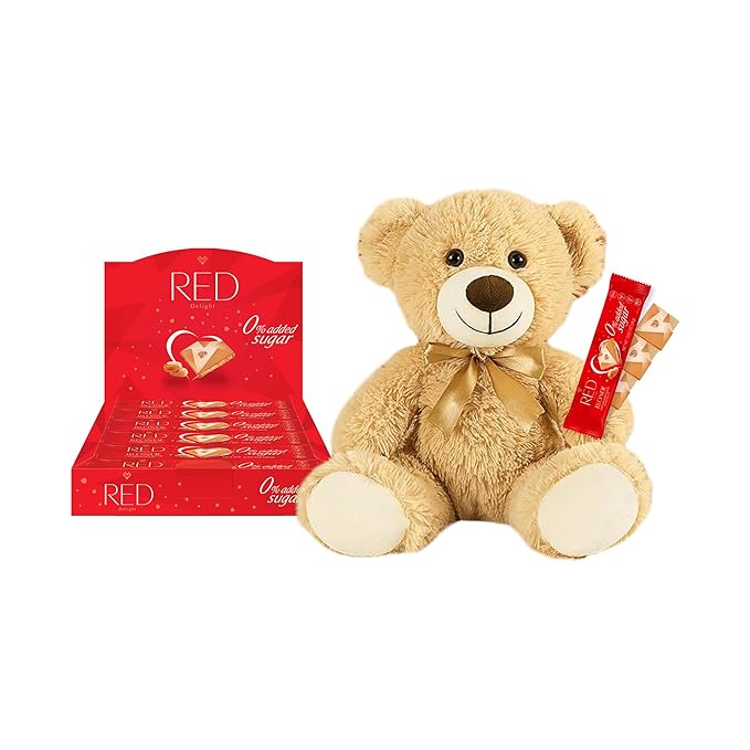 RED Delight®™ Blonde Caramelized White Chocolate 12 Count Box of Grab N Go Travel Size Bars (0.92 Ounces Each) with 14 Plush Teddy Bear (1 Box - Total of 12 Bars + 14 Plush Teddy Bear)