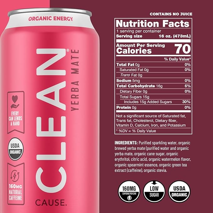 CLEAN Cause Low Calorie Watermelon Mint Sparkling Yerba Mate Tea 160mg Caffeine Organic Low Sugar Healthy Alternative to Energy Drinks (16oz cans 12-Pack Case)