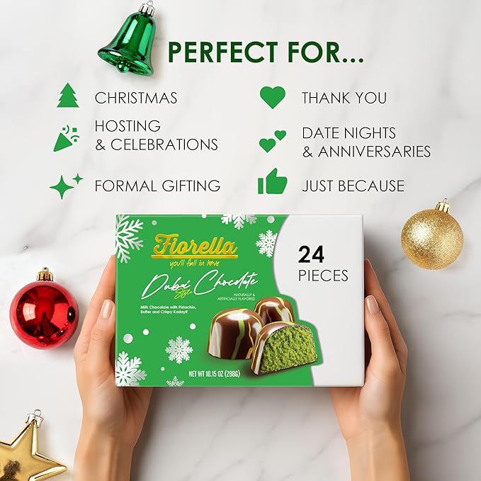 Fiorella Dubai Chocolate Gift Box 24 Count Premium Gourmet Milk Chocolate with Pistachio Butter &amp Crispy Knafeh Food Gifts for Holiday Gift Basket Christmas Chocolate Candy 10.15 Oz