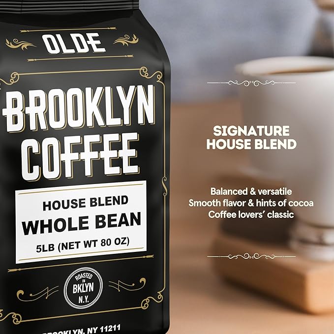 BROOKLYN COFFEE Whole Bean House Blend Medium Roast (5lb) Balanced Breakfast Classic - Fresh Bulk Coffee Beans Roasted Weekly in NYC