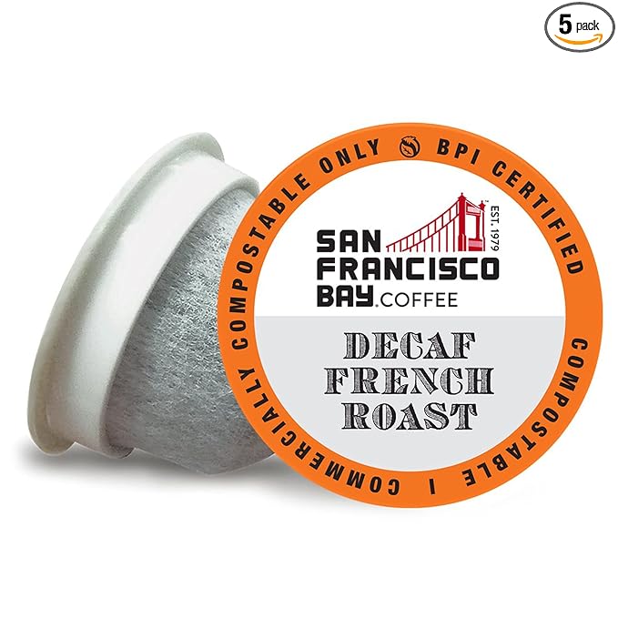 SF Bay Decaf French Roast Coffee OneCup – 72 Count Compostable Pods – Dark Roast Arabica Decaf – Compatible with Most Keurig K-Cup Brewers