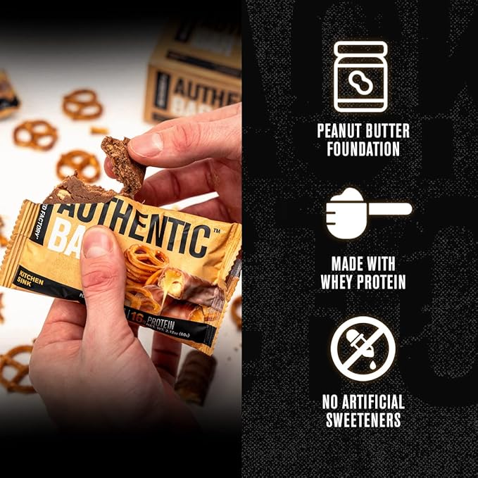 Jacked Factory Authentic Bar Kitchen Sink Protein Bars - Tasty Meal Replacement Energy Bars | 16g Whey Protein Isolate Natural Sugars from Pure Honey Healthy Fat Peanut Butter Foundation | 12 Pack