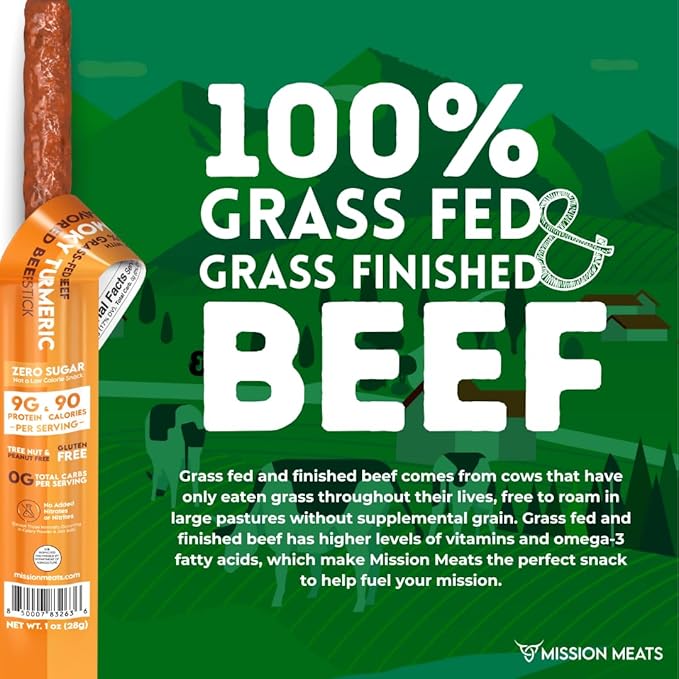 Mission Meats Beef Sticks – 100% Grass Fed &amp Pasture Raised Sugar Free Individually Wrapped Healthy Snacks Whole 30 &amp Paleo Friendly Smoky Turmeric 1oz (24ct)