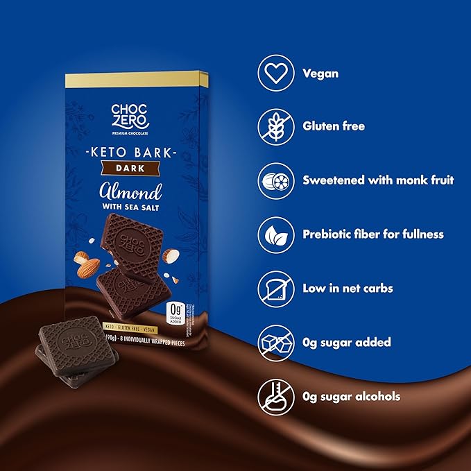 ChocZero Dark Chocolate Almond Bark with Sea Salt Sugar Free Vegan Low Carb High Fiber Keto Friendly No Sugar Alcohols (4 Count 3.2oz Boxes)