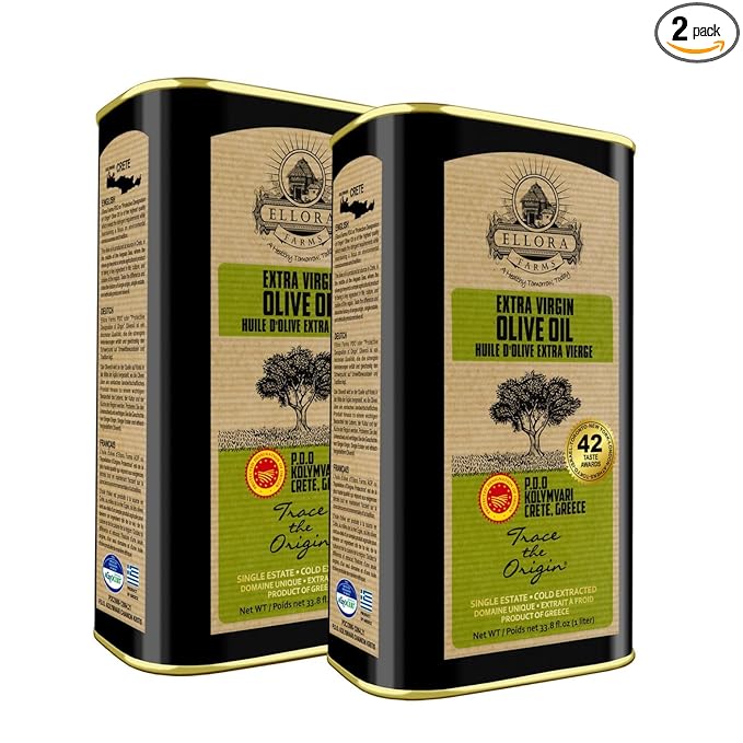 Ellora Farms Olive Oil Extra Virgin Traceable &amp Certified PDO Polyphenol Rich Extra Virgin Olive Oil Cold Pressed Global Gold Awards Kosher Single Origin from Crete Greece 33.8 Fl oz Pack of