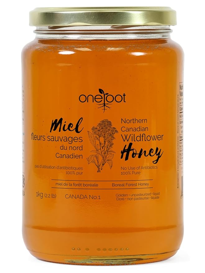 OneRoot Natural Wildflower Honey - 2.2 lbs / 1kg Pure Canadian Boreal Forest Honey - Unpasteurized Minimally Filtered &amp Single-Source - Rich in Enzymes &amp Antioxidants