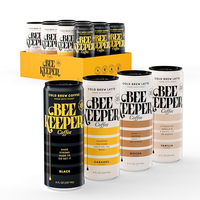 Beekeeper Mocha Latte Cold Brew Coffee Drinks with Oregon Honey | 12 Pack Refreshing Iced Coffee - Unsweetened &amp Strong Arabica Brew 8 fl oz Ready-to-Drink Can - 180mg Natural Caffeine