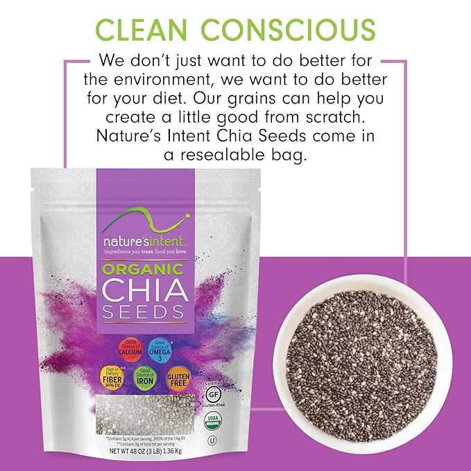 Nature's Intent Organic Chia Seeds - 3lb Bag - USDA Organic Non-GMO Vegan Gluten-Free Kosher Keto &amp Paleo - Good Source of Calcium Omega 3 and Iron - for Salads Yogurt &amp Smoothies
