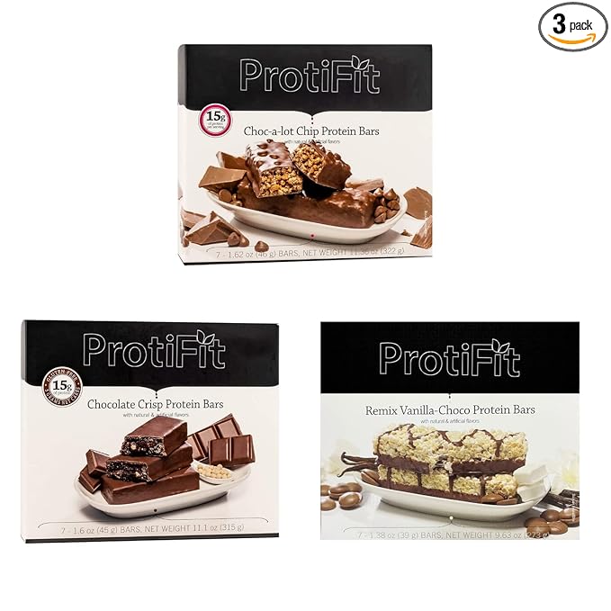 PROTIFIT - Low Calorie Bar 3 Pack Chocolate VLC Bundle: Choc-A-Lot Chip Chocolate Crisp Remix Vanilla-Choco 7 Servings Per Box (3 Pack)