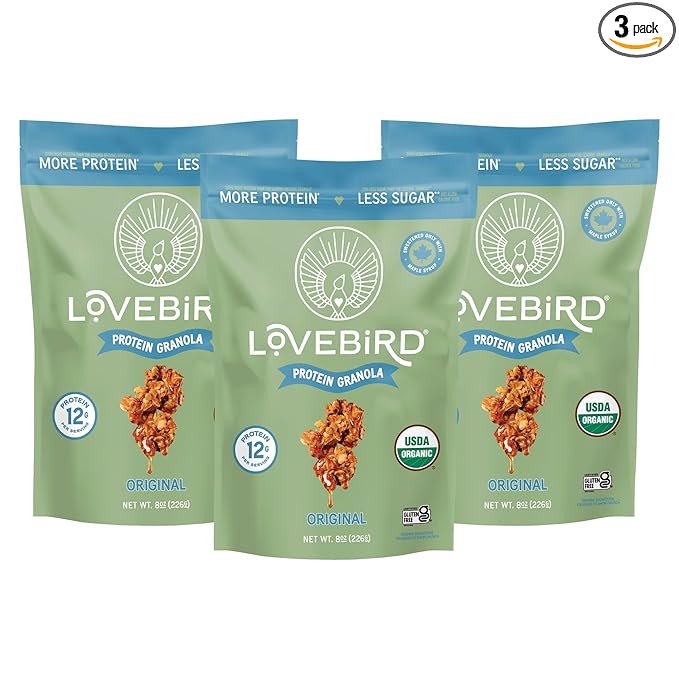 Lovebird Gluten Free Granola - Organic Protein Granola - 7 Real Ingredients - No Refined Sugar &amp Healthy Original Mix for High Protein Cereal Gut Health USDA Organic - Original 3 Pack