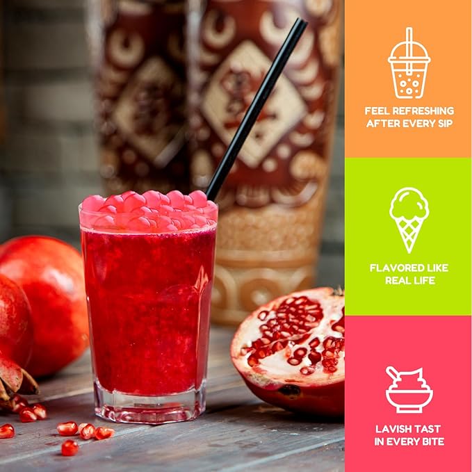 Fanale Pomegranate Popping Boba Pearls Vegan Non GMO Gluten Free Fat Free Perfect for Bubble Tea Smoothies Ice Cream Desserts and Beverages.