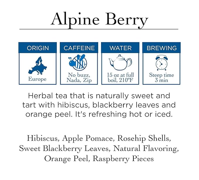 Two Leaves and a Bud Alpine Berry Herbal Tea Bags Naturally Caffeine Free Whole Leaf Herbal Tea with Hibiscus in Sachets 15 Count (Pack of 6)