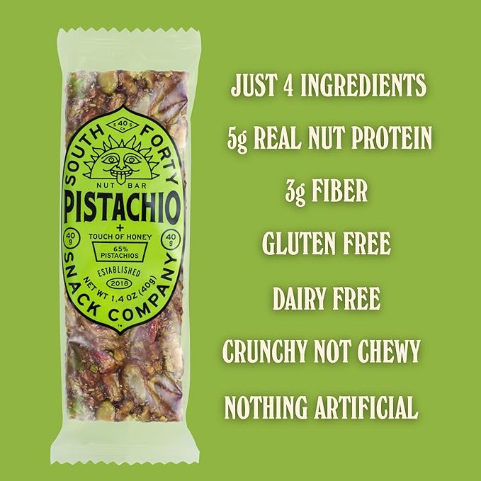 South 40 Snacks Crunchy Pistachio Bar Just 4 Ingredients Touch of Honey (40g Bar Pack of 12)