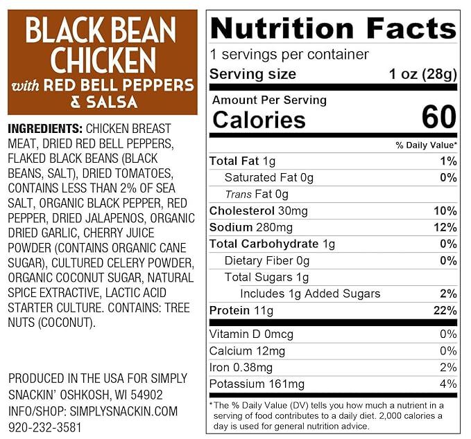 Simply Snackin' - Dried Chicken Breast Snacks High Protein Low Calorie Low Sugar Gluten Free Tender and Lean 20 Snack Pack (Black Bean Chicken with Red Bell Peppers &amp Salsa)