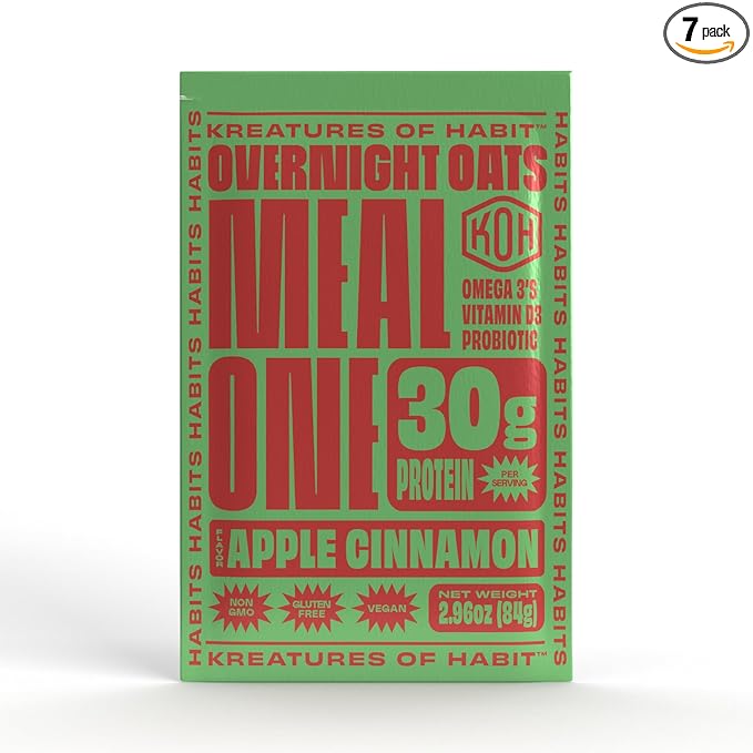 Kreatures of Habit MEAL ONE | Overnight &amp Instant Superfood Protein Meal Replacement | Gluten Free Dairy Free 30g of Plant Based Protein With No Added Sugar | Apple Cinnamon | Pack of 7