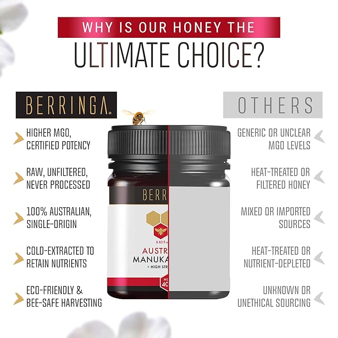 Berringa Manuka Honey Organic MGO 400+ High Strength Supports General Wellbeing &amp Digestive Balance - 100% Raw Pure &amp Unfiltered Sustainably Sourced from Australia - (8.82 oz)