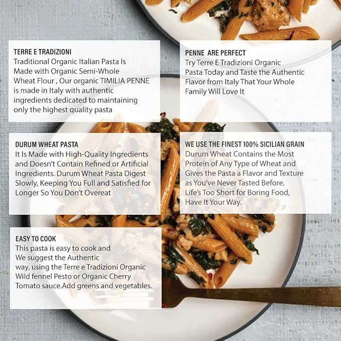 TERRE E TRADIZIONI 6 PACKS ORGANIC ITALIAN SEMI WHOLE DURUM WHEAT PENNE PASTALOW-GLUTEN INDEX. Has 6X More Fiber and Protein than Popular Grains. Al dente texture. Farm Fresh from Sicily Italy