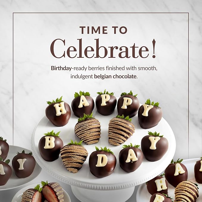 Shari’s Berries Happy Birthday Belgian Chocolate Covered Strawberries | Premium Birthday Gift Box (Full Dozen 12 Berries)