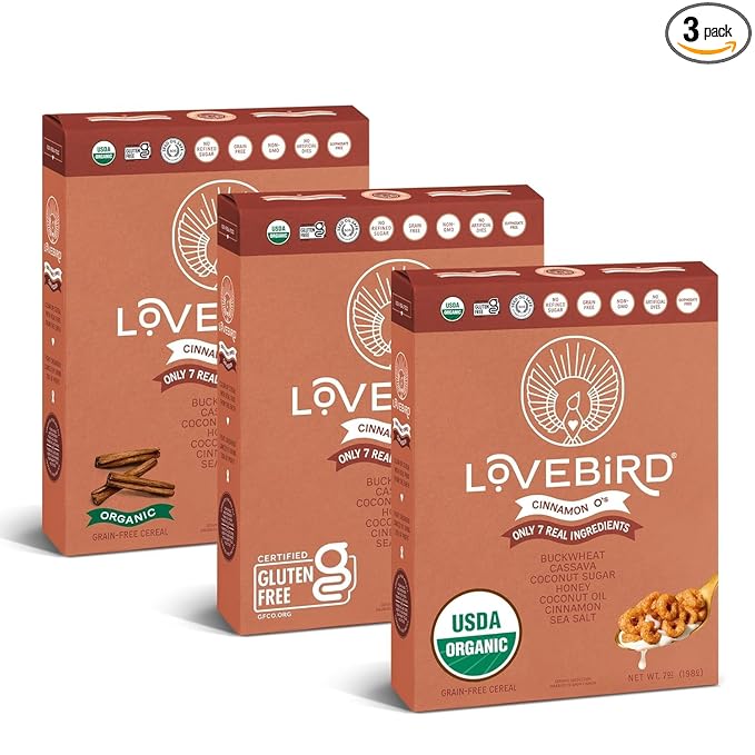 Lovebird Organic Cereal That Actually Tastes Good - 100% Real Food &amp Healthy Gluten Free Cereal No Refined Sugar Paleo Keto Friendly Healthy Snacks for Kids Adults - Cinnamon 3-Pack