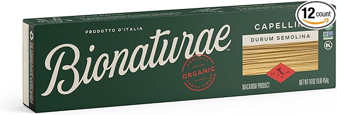 Bionaturae Capellini Pasta Noodles - Durum Semolina Pasta Kosher High Protein Non-GMO USDA Certified Durum Semolina Capellini Organic Capellini Pasta Crafted in Italy - 16 Oz 12 Pack