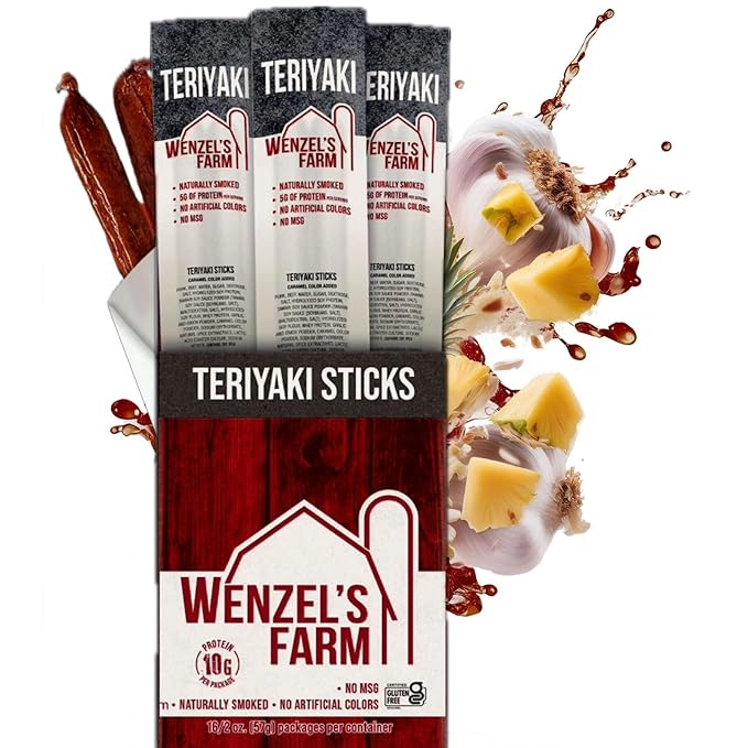 Wenzel’s Farm Teriyaki Sticks │Supports Active Lifestyles │ Flavorful Naturally Smoked │ High Protein Low Carb │ No MSG Fillers Binders Artificial Colors │ Gluten Free | 32 Sticks (16 Packs of 2)