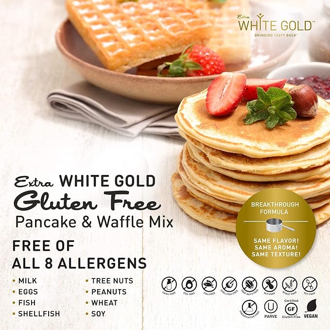 Extra White Gold Pancake &amp Waffle Mix – For Baking Cakes Cupcakes Desserts – [Gluten Free] [Nut Free] [Free of the Top 14 Major Allergens] – 14.1 Ounces (4 Pack)
