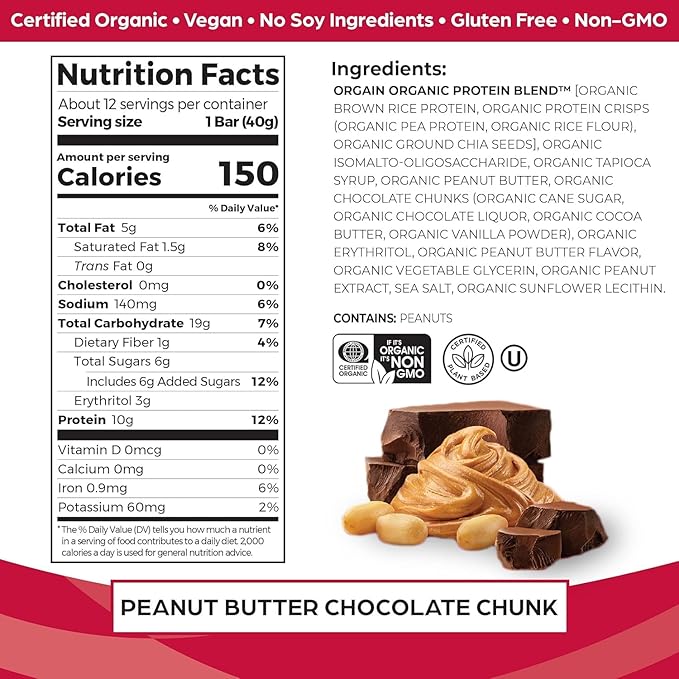 Orgain Organic Vegan Protein Bars Bundle - Chocolate Chip Cookie Dough &amp Peanut Butter Chocolate Chunk - 10g Plant Based Protein Gluten Free Non-GMO - 1.41 Oz (2 Pack of 12)