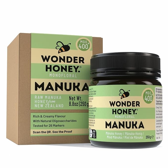 Wonder Honey Raw Manuka Honey New Zealand MGO400 (13+) Tested for 26 Markers Traceable Natural Soothing for Sore Throat Cough - Aids Digestion - Triple Sealed for safety in a Protective Box (8.8oz)
