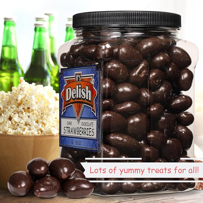 Dark Chocolate Covered Dried Strawberries by It's Delish 55 OZ Jumbo Container | Gourmet Dark Chocolate Covered Strawberry Fruit Snacks Bulk Chocolate Candy | Vegan Kosher
